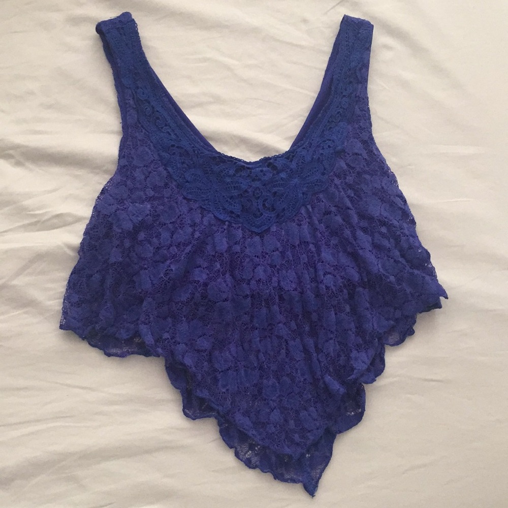 Blue floral crochet crop tank top